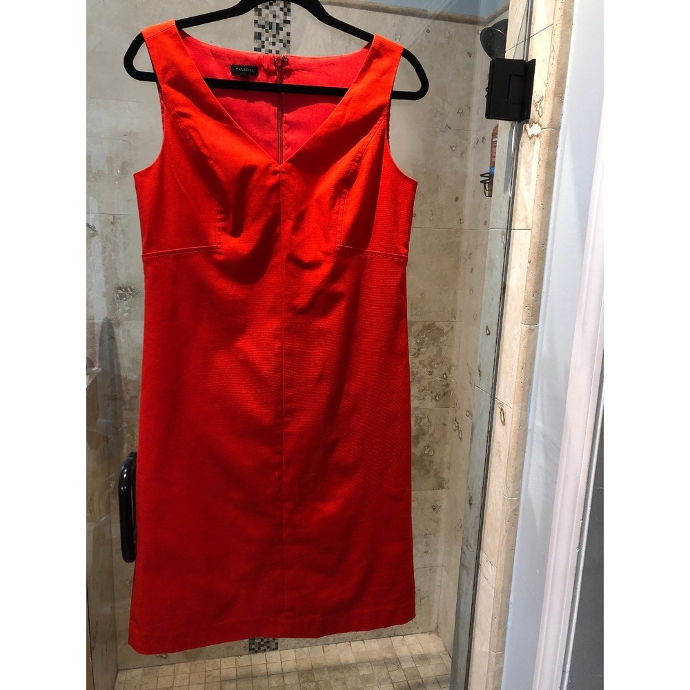 Talbots Shift Dress 8 Bright Red Orange Cotton Stretch V-Neck Career Fall Colors